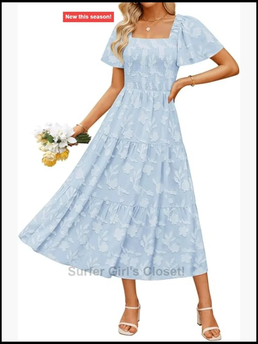 Boho Floral Midi Dress Square Neck Short Sleeve Flowy Wedding Guest Dress